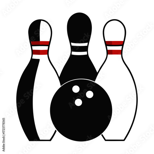 Black bowling pins and ball with red accents