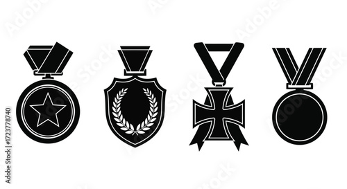 Collection of four distinct military achievement medals awarded for valor and service set vector