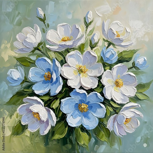 Delicate White and Blue Spring Flowers with Green Leaves and Soft Background