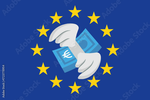 Vector illustration of the European Union flag with euro banknote and wings. Concept of European economy, euro currency, financial crisis, economic growth, bailout, or money flow in Europe.