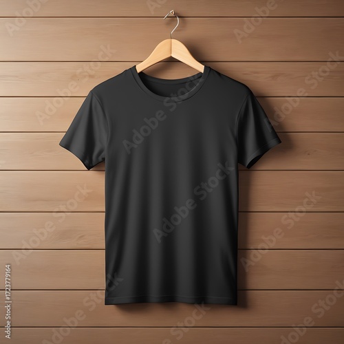 Plain black t shirt hanging on a wooden wall