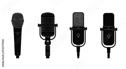 Four vintage and modern microphones silhouetted against a clean white backdrop for audio recording vector