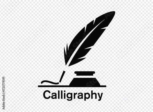 Black silhouette of a quill pen dipping into an inkwell with calligraphy text