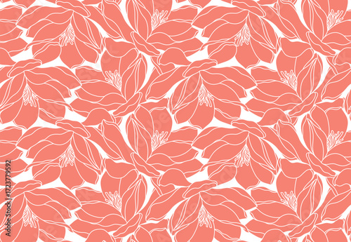 Pink background with elegant magnolia flowers. Seamless vector pattern