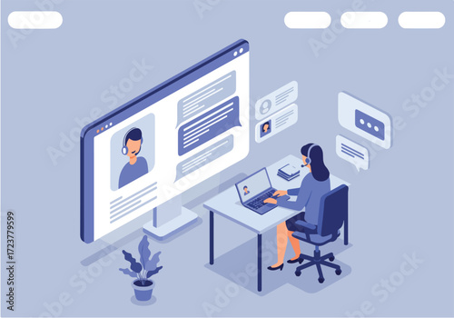 Online interview illustration suitable for recruitment, human resources, job application, remote work, online meeting and corporate hiring process concept.