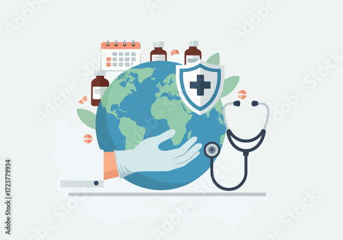 Healthcare global illustration suitable for world health, medical services, international hospital, wellness, doctor care and global insurance concept.