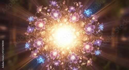 Radiant floral mandala glowing with ethereal light and vibrant energy, symbolizing renewal and magic
