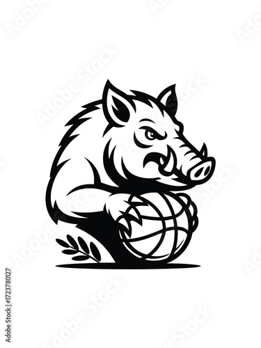 Aggressive wild boar holding basketball mascot