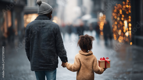 Fototapeta Naklejka Na Ścianę i Meble -  A homeless father and child walking through the city streets, with the child holding a small Christmas gift in their hands. As a result of winter's cold, harshness, warmth, holidays merge into one