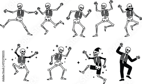 Halloween, skeleton, pumpkin, ghost, witch, spooky, festive, autumn, holiday, cartoon, candy, bat, moon, grave, tree, night, party, fun, scary, illustration