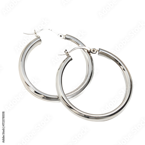 Pair of silver hoop earrings isolated on transparent background, a classic and stylish accessory for any occasion, simple and elegant