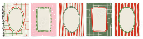 Christmas vintage background set. Xmas whimsical hand drawn border frames. Minimalist trendy Vector template for holiday poster, banner, invitation, greeting card, menu.