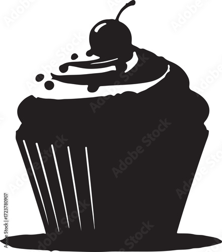 Decadent Cupcake Silhouette Vector - Solid Black Dessert Graphic with Dripping Frosting, Sprinkles, and Cherry Topping - Bakery Logo, Sweet Treat Decal, or Clipart