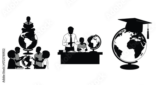 Global education concepts illustrated with silhouettes of students and teachers worldwide vector