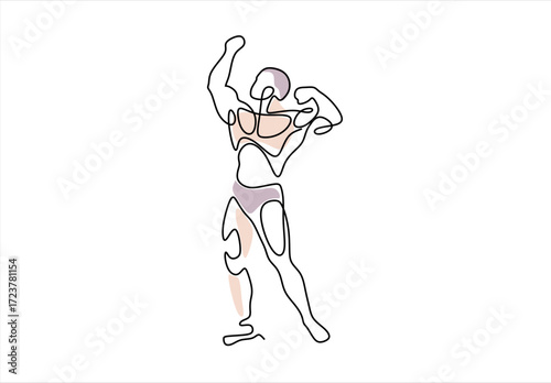 Bodybuilder Posing Line Art Depiction. line icon-continuous line drawing. Editable stroke. 