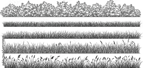 Detailed black and white illustrations of various grass and hedge textures for design elements