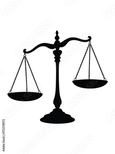 Silhouette of antique balance scales of justice on a white background