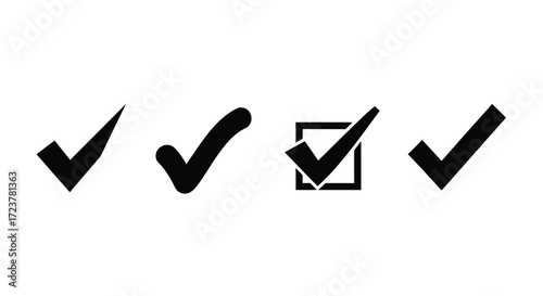 Collection of four black check mark symbols and one checkbox selection vector