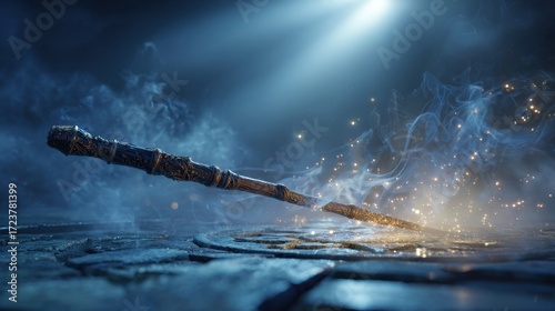 Mystical Wand with magical effect: A captivating scene unveils a detailed wand with an ancient design, surrounded by celestial magic and ethereal atmosphere.