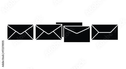 Five black envelope icons arranged in a row for communication and mail services vector