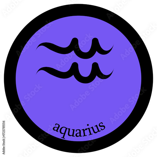 Circle with the zodiac sign of Aquarius. The sign of Aquarius in a blue circle with a black rough border. Below the circle the inscription Aquarius.