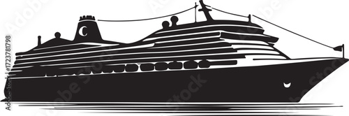 Stylized Black and White Cruise Ship Silhouette: Set Sail for Adventure! Classic Vector Illustration for Travel, Vacation, and Nautical Themes.