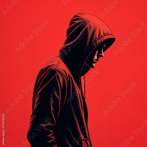 Illustration of a person in a hooded sweatshirt against a solid red background