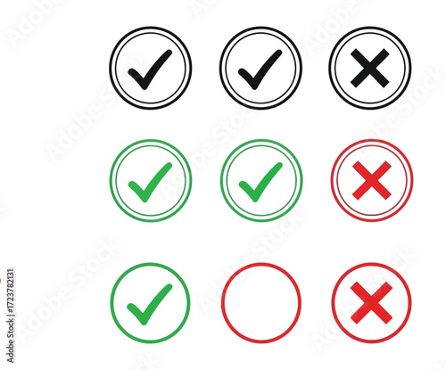 Checkmark and cross icons in different colors and styles for selection and rejection representing positive and negative choices on white background