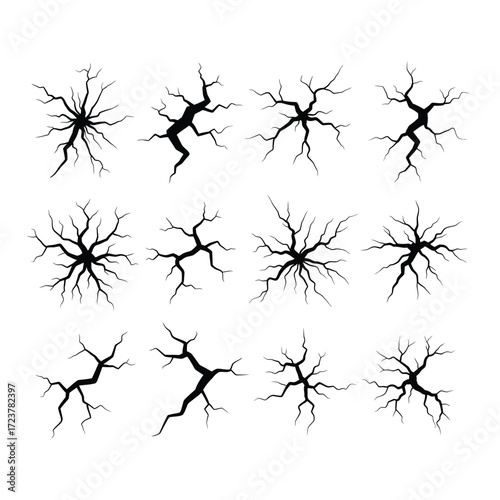 Collection of Black Vector Cracks on White Background for Destruction Earthquake and Geological Illustrations Graphic Design Elements Seamless Pattern Set