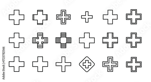 Collection of diverse cross symbols graphic elements plus signs various styles clean design simple line art vector