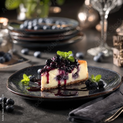 Creamy cheesecake slice, topped with blueberry sauce and fresh mint