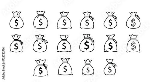 Collection of hand-drawn money bags with dollar signs for financial concepts and wealth vector