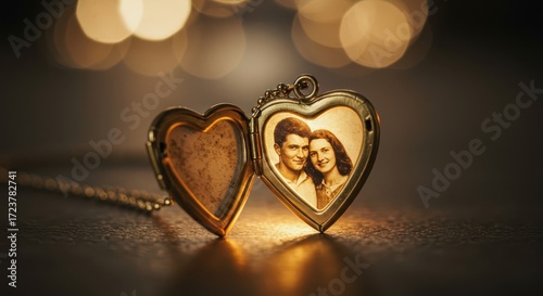 A vintage heart-shaped locket, open to reveal a sentimental portrait of a couple, bathed in warm golden light, evokes a sense of nostalgia and cherished memories.
