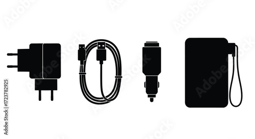 Portable electronics accessories set including wall charger car adapter cable and power bank vector