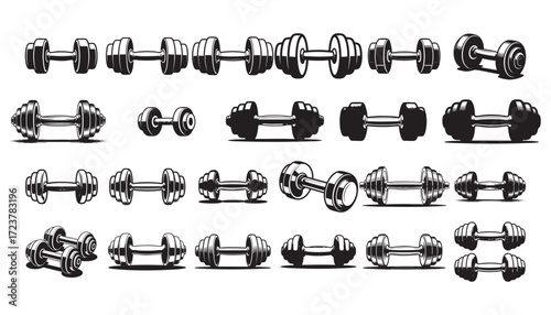 Flat Black Silhouette Dumbbell and Vector Icon Bundle – Fitness Gym Collection-Ai generator