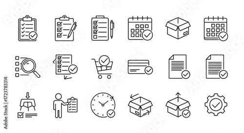Hand-drawn icons representing business operations logistics and workflow management concepts vector