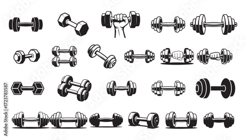 Flat Black Silhouette Dumbbell and Vector Icon Bundle – Fitness Gym Collection-Ai generator