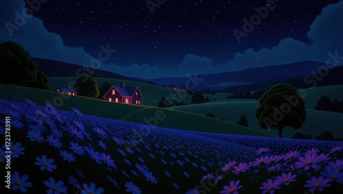 Nighttime Serenity: Illuminated Cottage Overlooking a Field of P