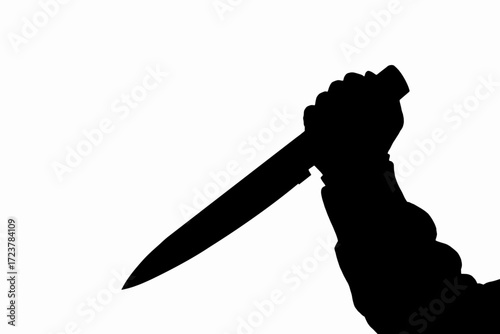 Silhouette of a human hand holding a knife on white background. Vector illustration symbolizing weapon, danger, violence, crime, attack, murder, self-defense, or security threat.