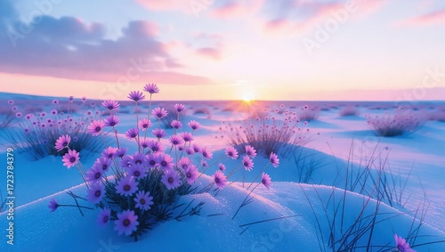 Pastel Winter Sunrise with Delicate Purple Flowers
