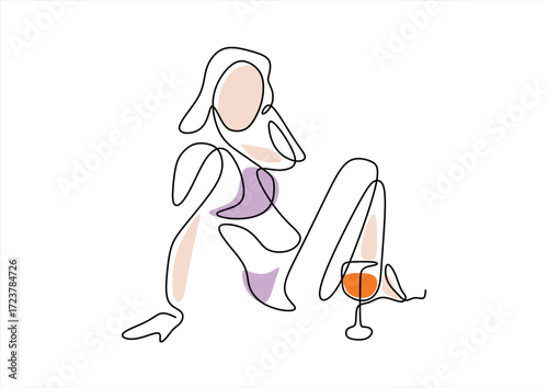 Relaxing Woman with Wine - Minimalist Line Art. line icon-continuous line drawing. Editable stroke. 