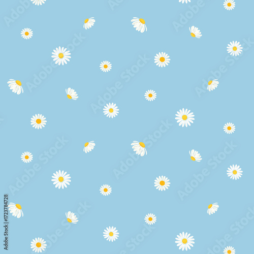 Seamless Daisy Flower Pattern on Blue Background – Cute Floral Vector Design