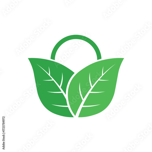 Vector art of green shopping bag made of leaves logo symbolizing ecofriendly shopping