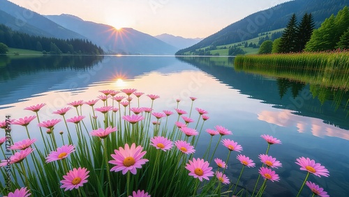 Pink Daisies Bloom on Still Lake Shore at Sunrise with Mountain