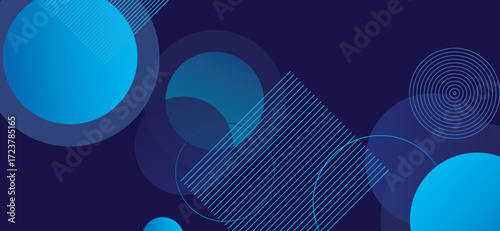 A modern abstract design showcases a dark blue background with layered light blue circles, a square filled with parallel lines, and concentric circles creating a dynamic geometric composition