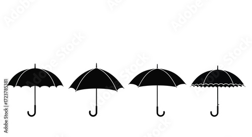 Four black umbrellas arranged in a row against a white backdrop vector