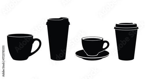 Silhouette collection of coffee mugs and travel cups for beverage service vector