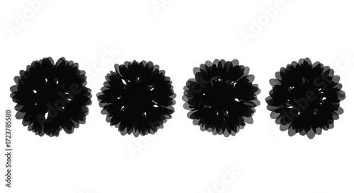 Four black abstract fuzzy spheres isolated on a white canvas artistic texture vector
