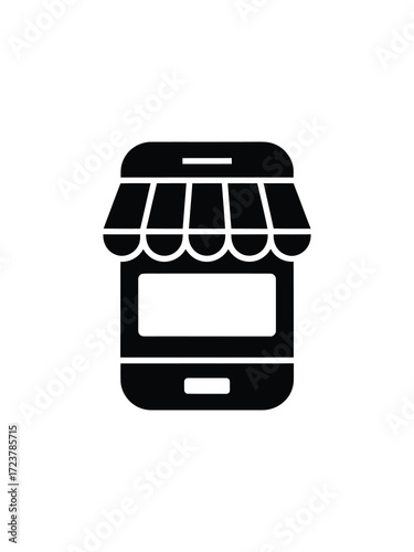 Smartphone with storefront awning representing online shopping and e commerce