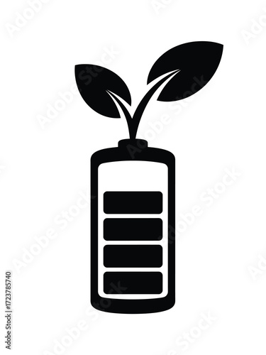 Green energy battery symbol with growing leaves